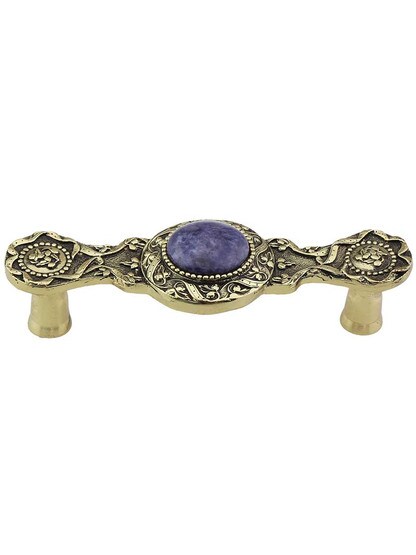 Victorian Jewel Pull Inset with Blue Sodalite - 3 inch Center-to-Center in Brite Brass.